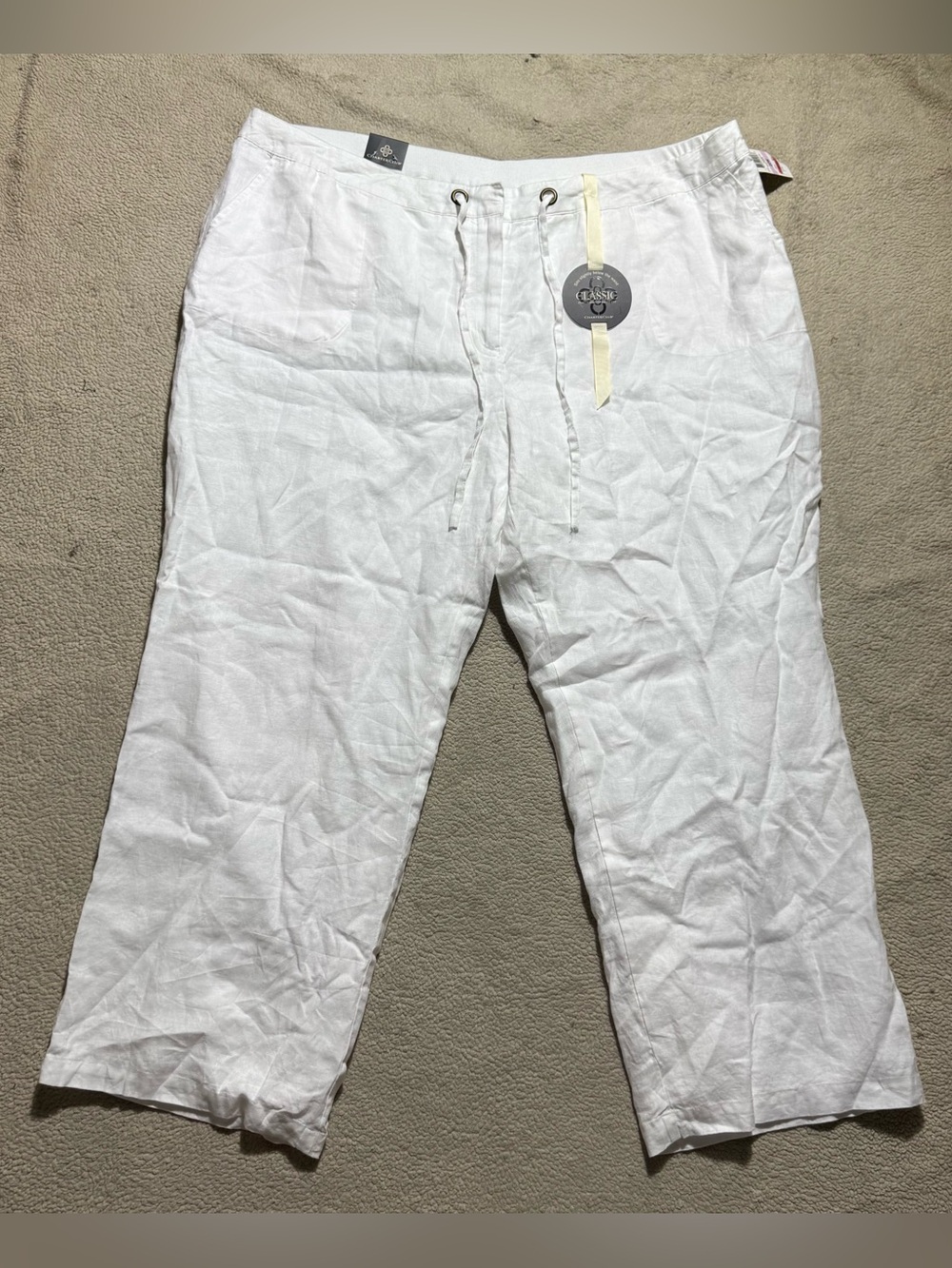 Charter Club Pants Womens 22W‎ Classic Fit 100% Linen White Lined Drawstring NEW